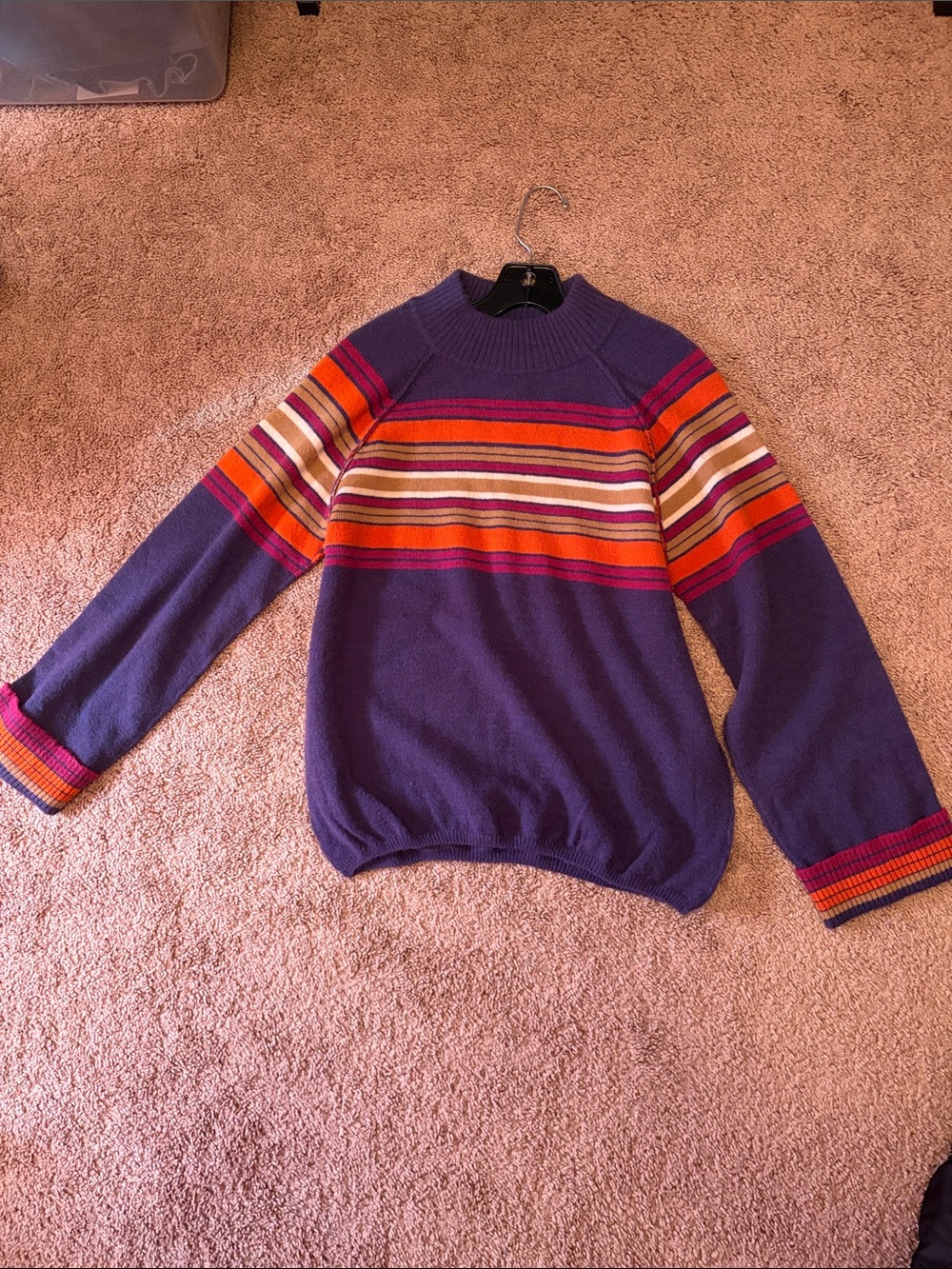 Democracy Purple Crewneck Sweater with Red, Orange, Cream & Tan Stripes